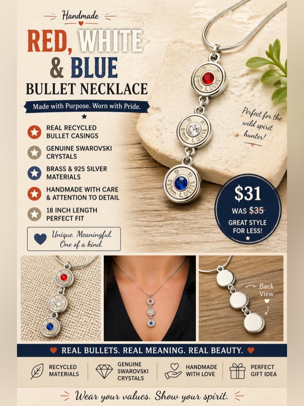Red, White and Blue 18 inch Bullet Necklace.